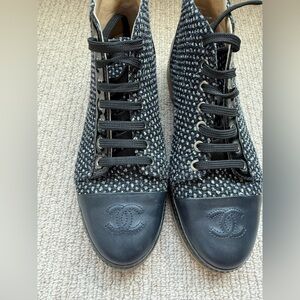 CHANEL Black and Gray Tweed Sneakers